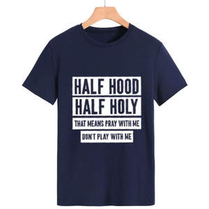 women's tee shirt half holy letter print navy