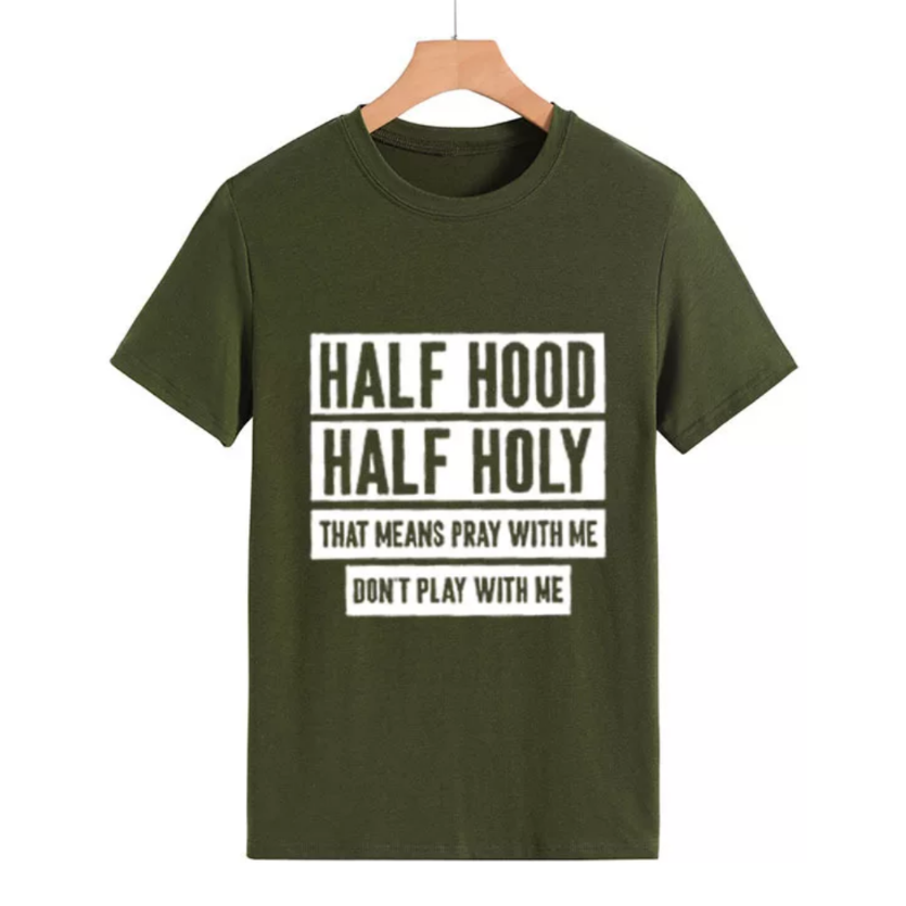 women's tee shirt half holy letter print olive