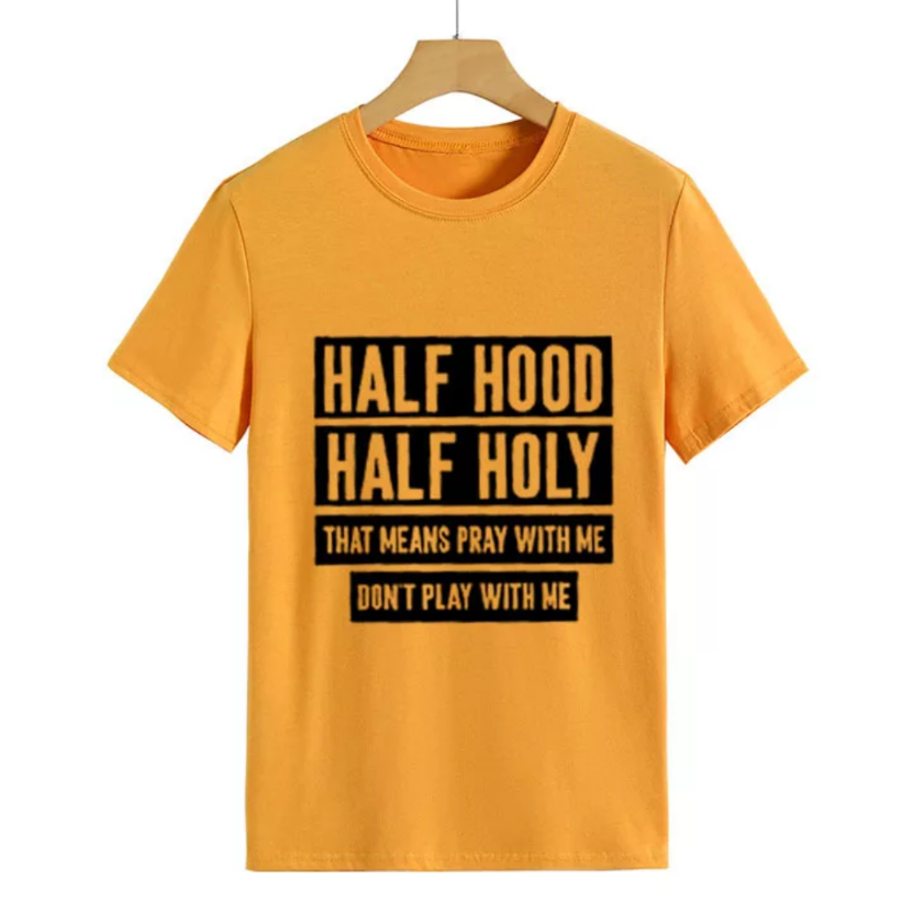 women's tee shirt half holy letter print orange