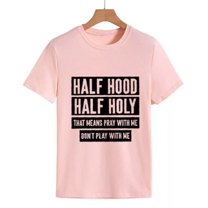 women's tee shirt half holy letter print pink