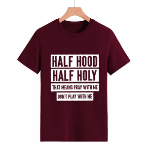 women's tee shirt half holy letter print red