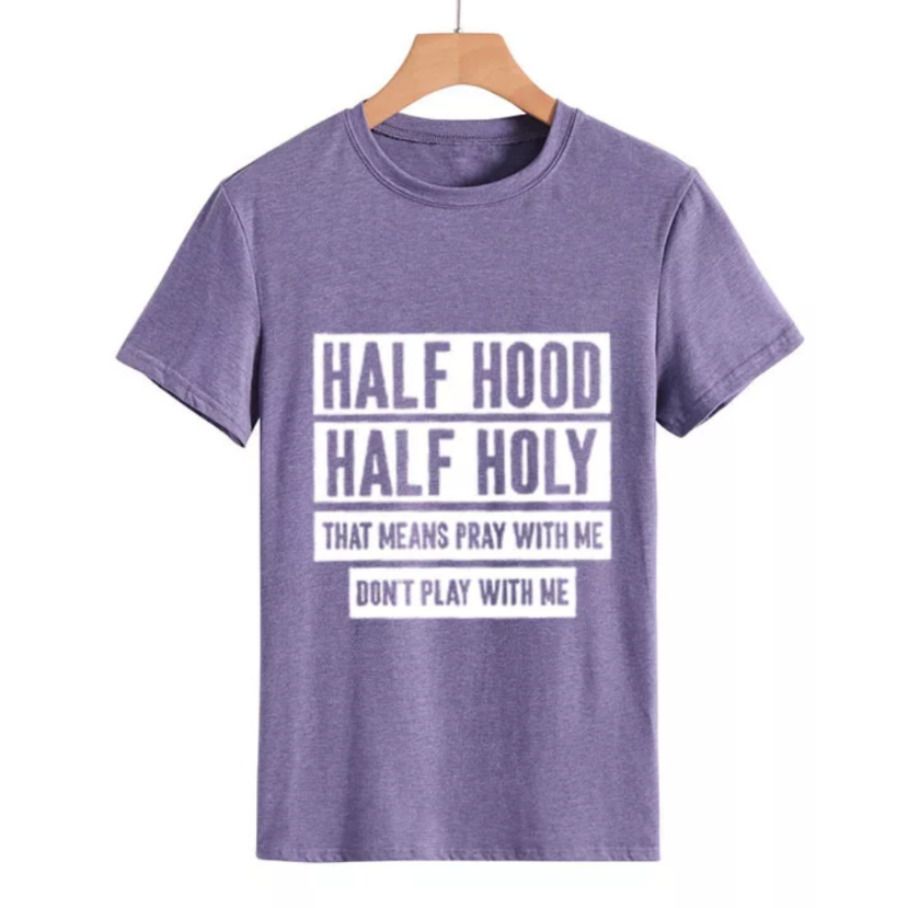 women's tee shirt half holy letter print violet