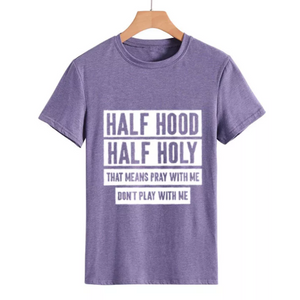 women's tee shirt half holy letter print violet