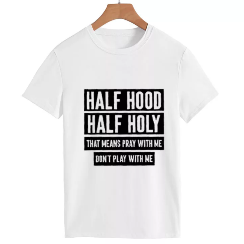 women's tee shirt half holy letter print white