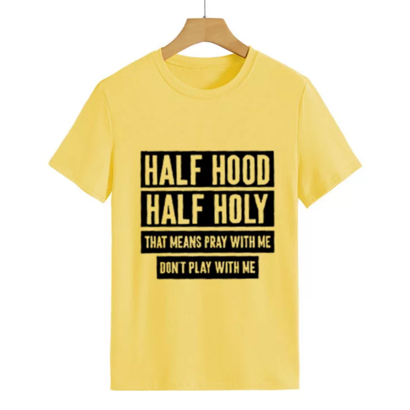 women's tee shirt half holy letter print yellow