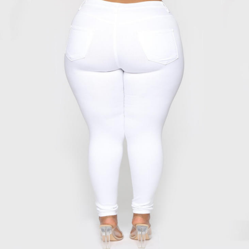 women's white denim jeans back view